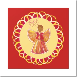 Scandinavian straw angel in wreath of pink and yellow with Joyful phrase Posters and Art